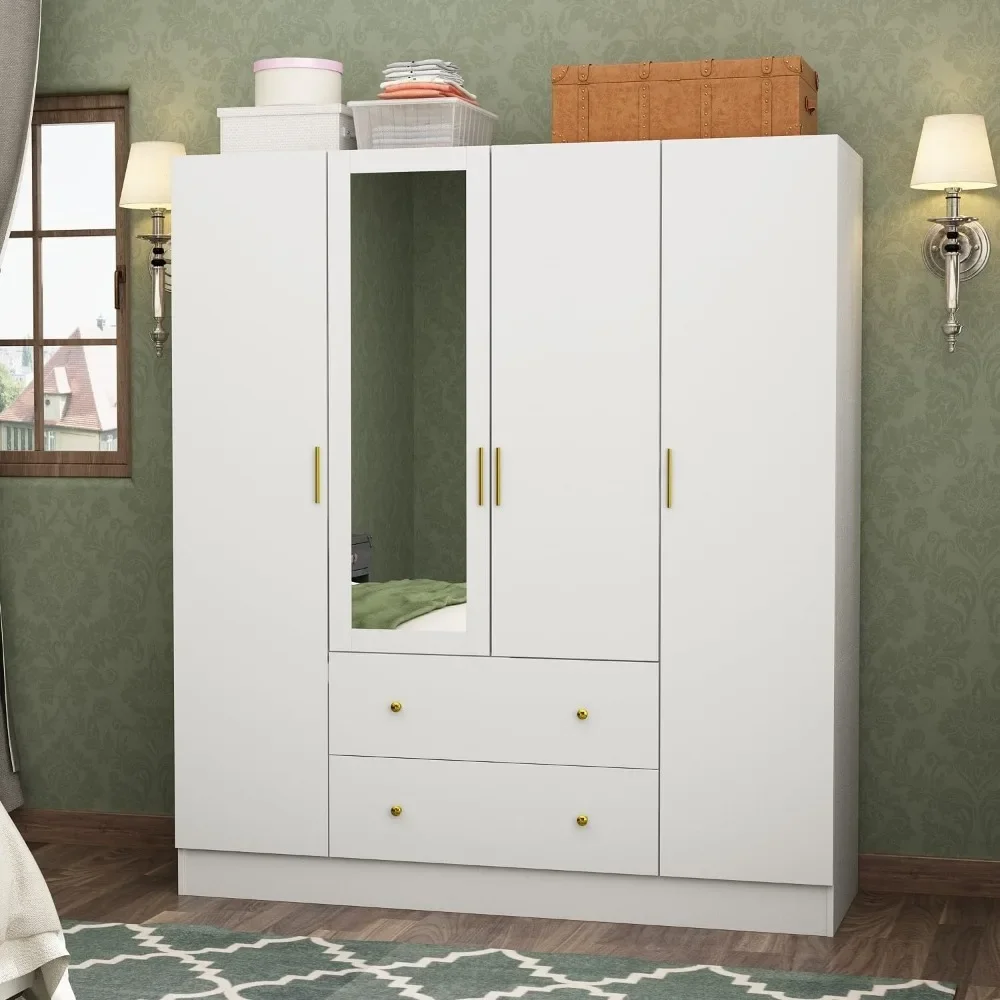 4-Door Wardrobe Closet with Mirror, Armoires and Wardrobes with Drawers and Shelves, Armoire Wardrobe Closet with Hanging Rod