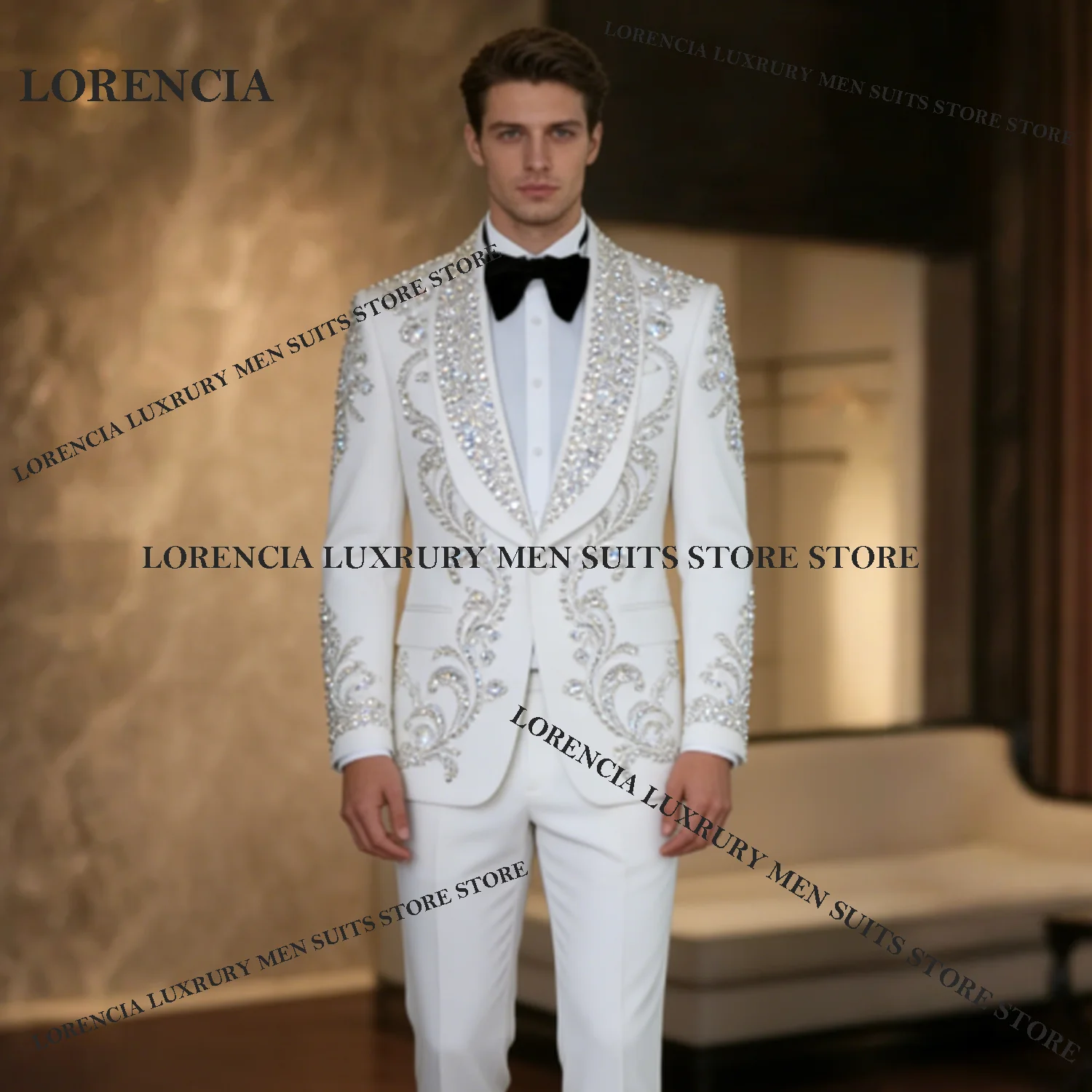 

Customized Luxury Crystal Men Suits 2 Pieces Sets Male Party Blazer High Quality Groom Wedding Tuxedos Slim Gem Costume Homme