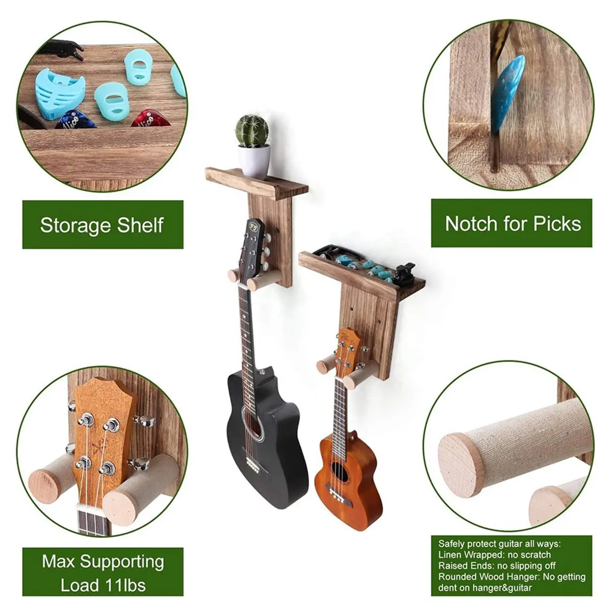 (ABYM) 2pcs Guitar Wall Mount Hanger with Shelf & Pick Holder - Wood Wall Hook for Acoustic, Electric, Guitars, Ukulele