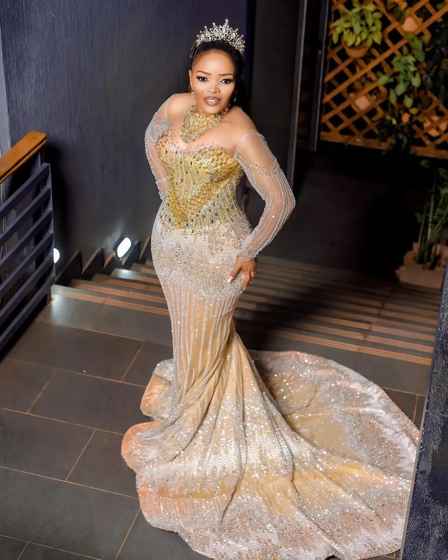 Per occasioni speciali Strass Sera in pizzo Festa formale Compleanno Secondo fidanzamento Abiti Africano Aso Ebi Champagne Sirena