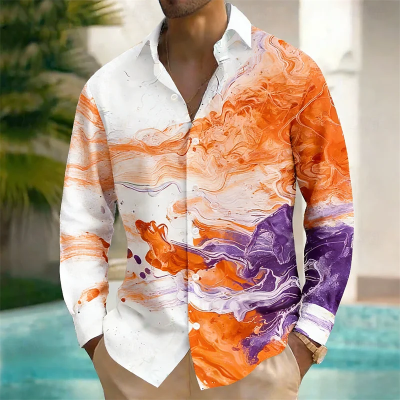 New men's Long Sleeved Shirt With Harajuku Style 3D Ink Printed Long Sleeved Color Block Pattern Top And Shirt