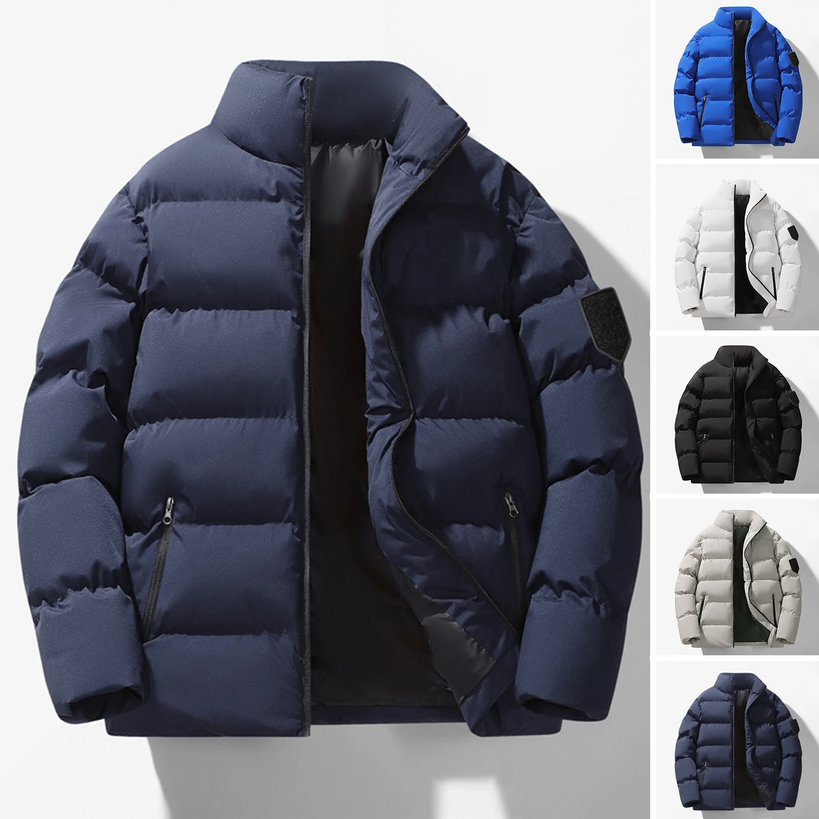 Men's Cotton Coat Stand Collar Long Sleeve Patchwork Colored Jacket Coat Loose Zipper Pocket Casual Jacket