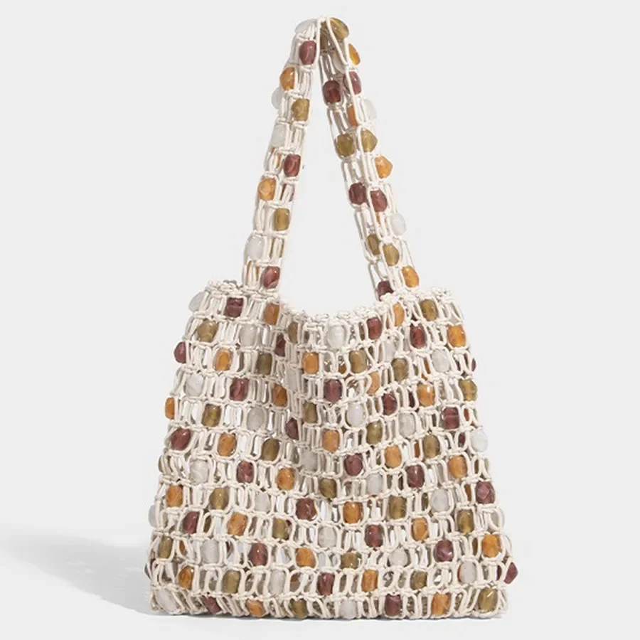 

2025 Summer Fashion Women Beaded Bag Luxury Design Hollow-out Woven Bead Tote Bag Shoulder Bags Female Small Handbag for Girls