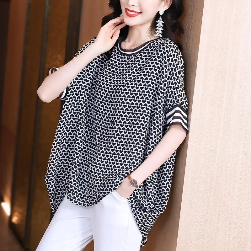 Vintage Printed O-Neck Spliced Asymmetrical Oversized Raglan Sleeve Chiffon Blouse Summer Casual Tops Commute Women\'s Shirt