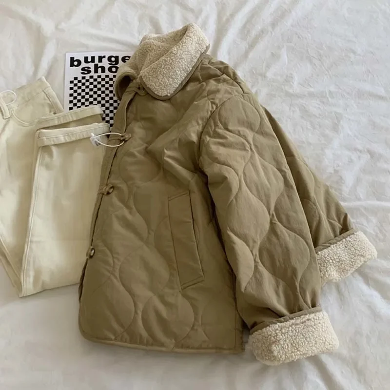 Khaki Color Two Faced Lamb Cashmere Cotton Jacket Popular for Women in Autumn Winter Small Stature 2024 New Loose Popular Style