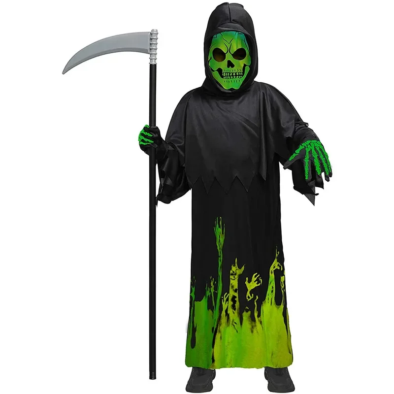 Dark Ghost Grim Reaper Skull Costume Kids Halloween Party Cosplay Costume Kids Glowing Skull Costume with Scythe