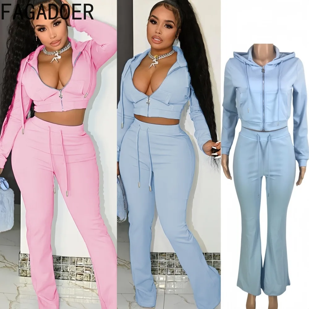 

FAGADOER Winter New Casual 2 Pieces Set for Woman Outfits Solid Color Long Sleeve Hooded Crop Top + Skirt Female Streetwear 2025