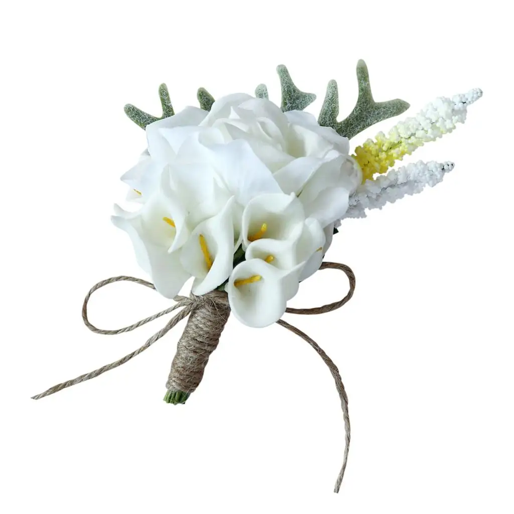 White Artificial Calla Flower Corsage for Wedding Silk Boutonniere Brooch for Groom Bride Party