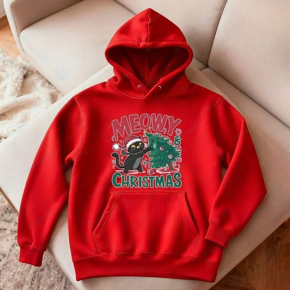 New Meowy Christmas Cat Sweatshirt Funny Cat Lover Christmas Clothing Xmas Women Men Casual Festive Holiday Hoodies Fashion Tops
