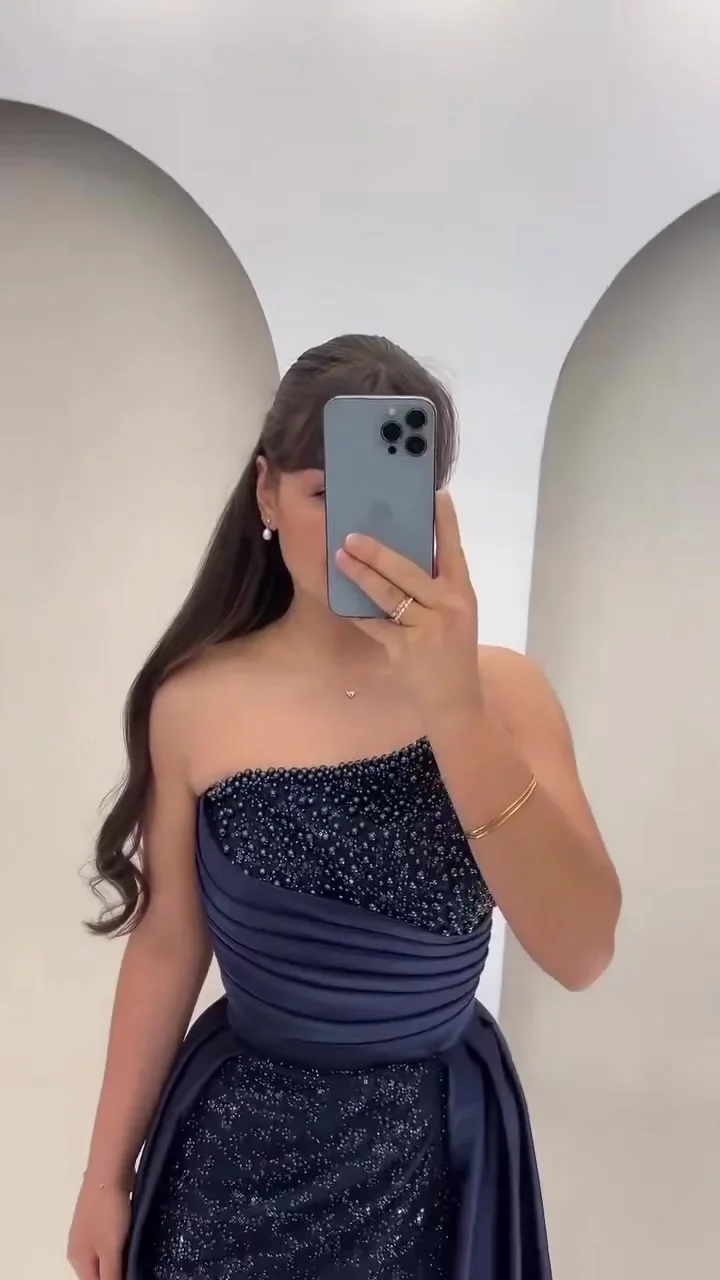 فستان سهرة Eightale 2025 بدون حمالات باللون الأزرق الداكن طويل فاخر مزين باللؤلؤ مطرز 2025 من الساتان على شكل حرف A فستان للحفلات الراقصة فستان رسمي للحفلات #3