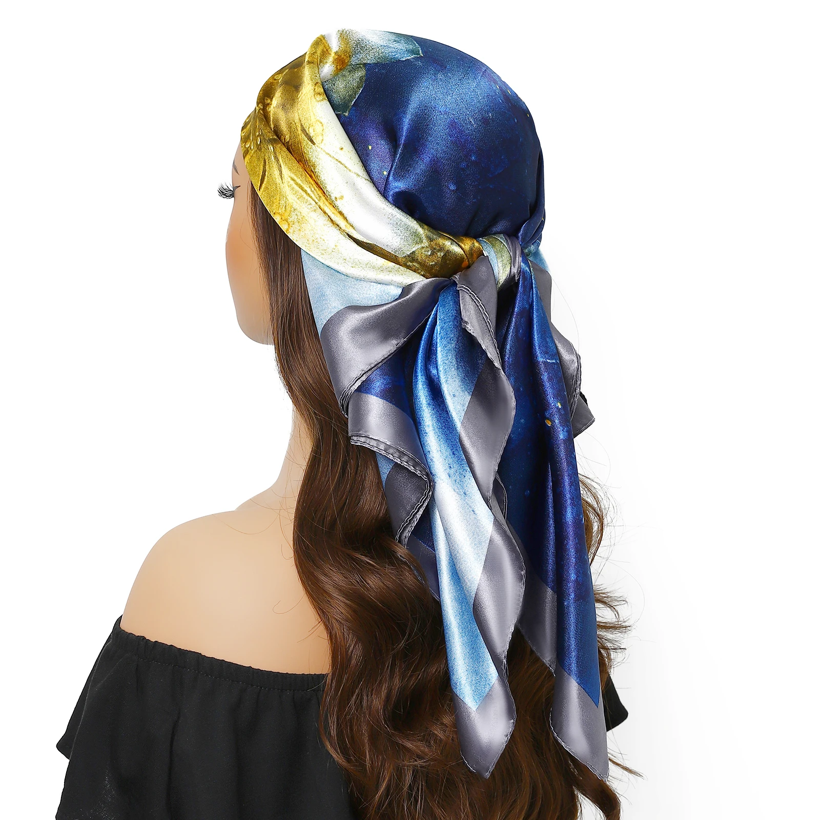 1 piece of 35.4 inches Square Shawls, Luxury Brand Summer Kerchief Women print 90X90CM Bandanna Fashion Foulard Satin Headcloth