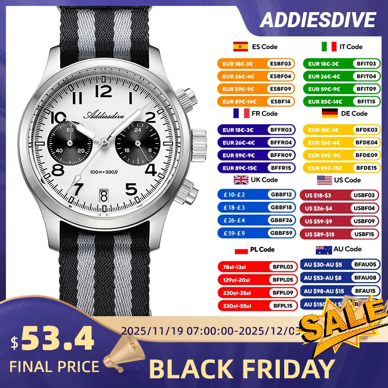 ADDIESDIVE 新しい高級クロノグラフ腕時計 VK64 パンダダイヤルクォーツムーブメントサファイアガラス 100 メートル防水スポーツメンズ腕時計