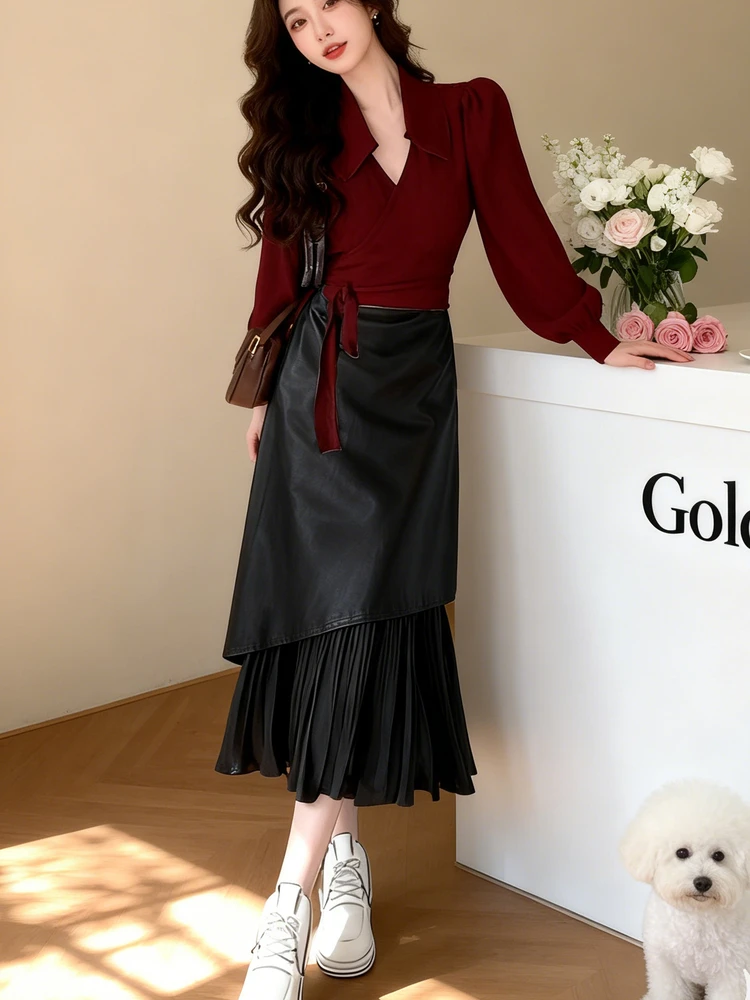 

Комплект: вязаный топ и кожаная юбка Ele ort для женщин, облегающий крой, весенний модный ансамбль с высокой талией