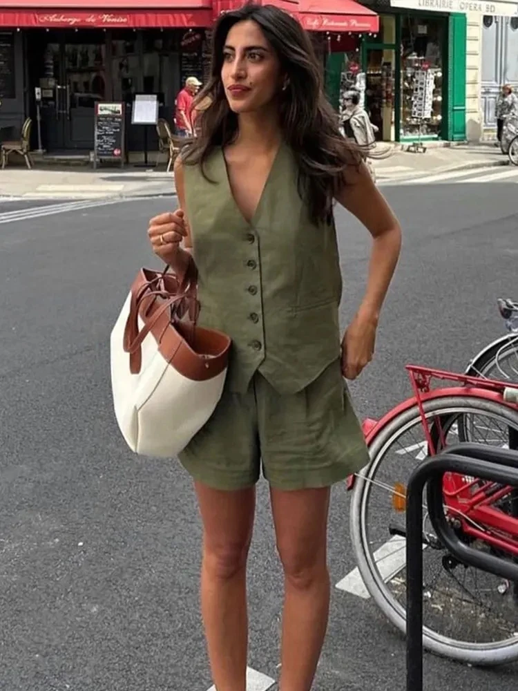 TRAFZA Zestawy spodni damskich Vintage Solid Single Breasted V Neck Vest Tops + Slim Zipper Fly Shorts 2024 Summer Office Lady Suit TRAF