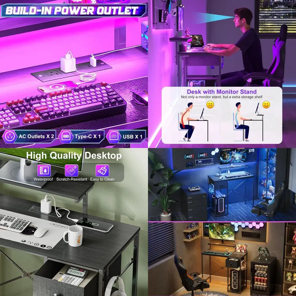 Scrivania da gioco compatta illuminata a LED con prese di corrente, cassetto portaoggetti e supporto per monitor per ufficio domestico o camera da letto