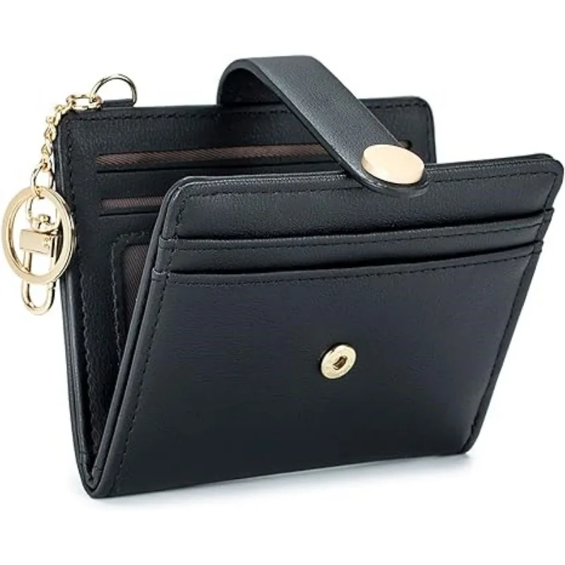 Slim Wallet for Women Fashion Zipper Wallet Double-fold PU Leather Card Holder with Keychain