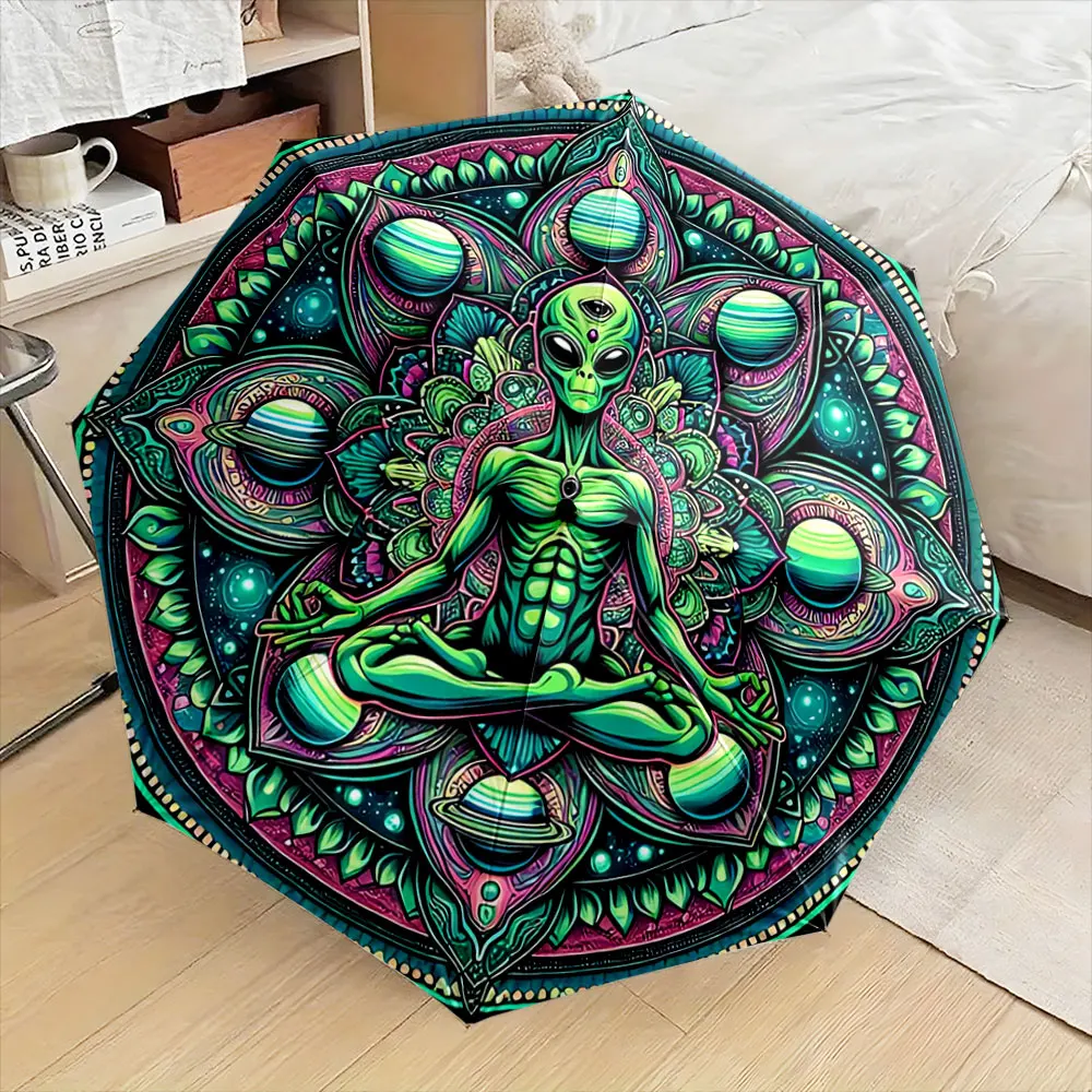 Alien Meditation with Cosmic Mandala and Planets portable waterproof sun rain umbrella for outdoor travel beach