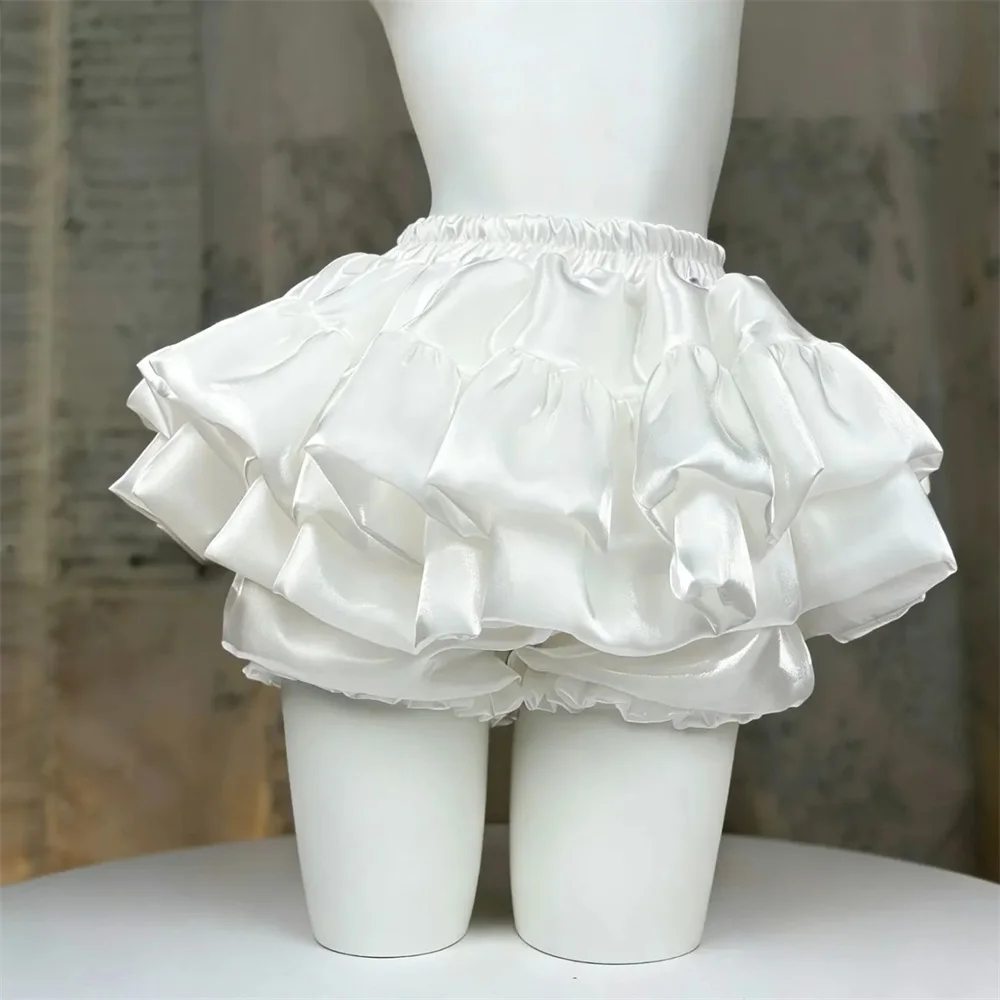 Sweet Satin Casual Elastic Waist New Short Skirt Women Summer Chic White Ruffle Cake Skirts Female Fashion Pretty Princess Skirt