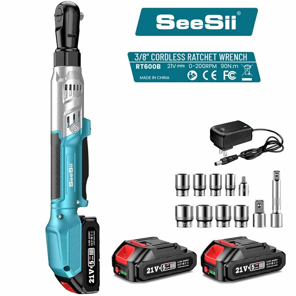 SEESII 3/8 "clé à cliquet sans fil 90Nm clé électrique sans fil avec 21V 2 pièces li-batterie ensemble d'outils de réparation de voiture clé d'angle