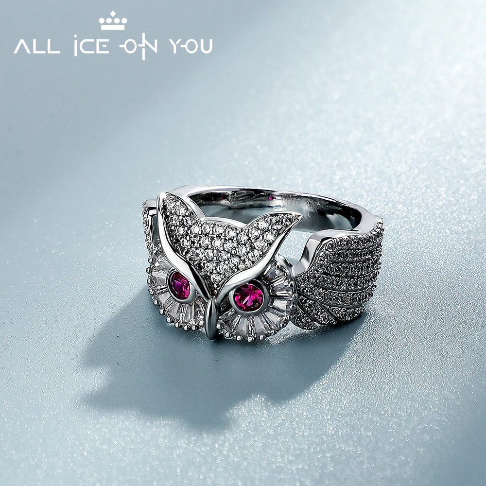 New Top Iced Out Luxury Silver Color Owl Cubic Zirconia Ring Bird Large Gem Hip Hop Fashion Jewelry Wedding eternity Women Gift