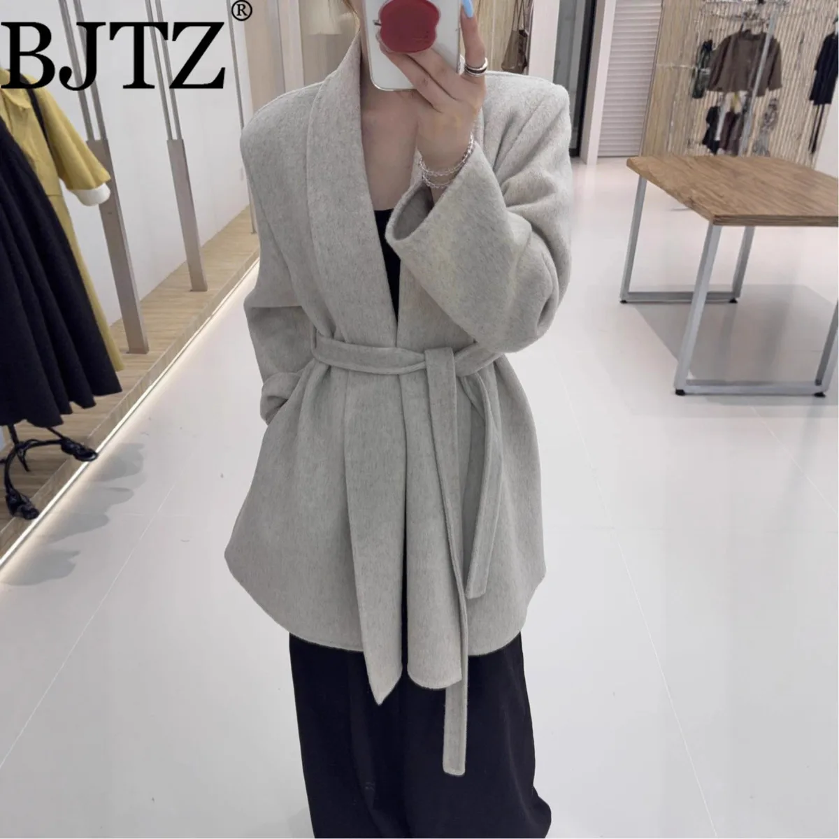 

BJTZ однотонная модная элегантная шерстяная куртка на шнуровке на талии для женщин, осень-зима 202, новое темпераментное шерстяное пальто