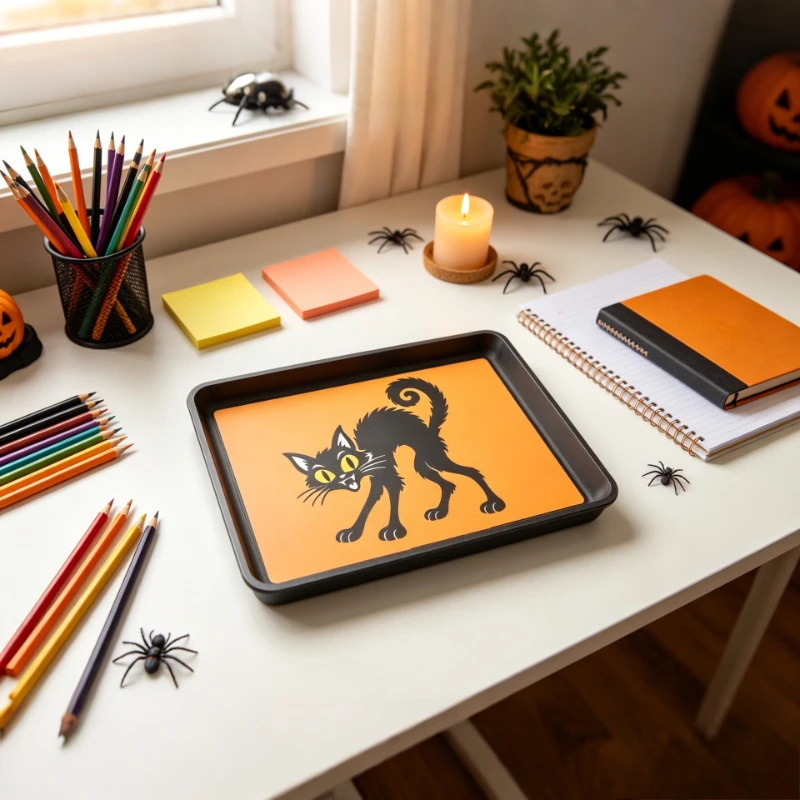 Halloween Decorative Tray, 3 Interchangeable Insert Designs,Ghost Pumpkin Black Cat Key Candy Storage Tray,Halloween Home Decor