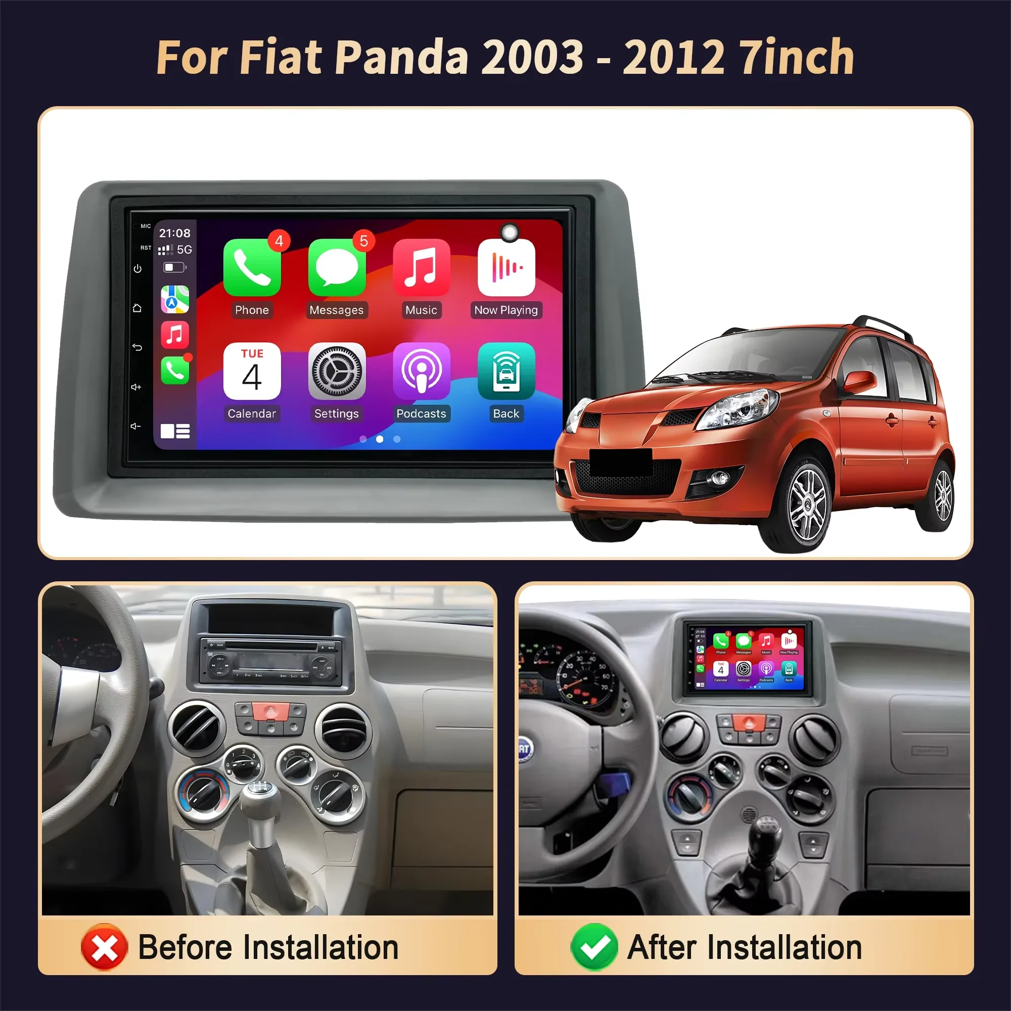 7 inch  Android 16For FIAT Panda 2003 2004 2005 2012 Car Multimedia Player Auto Navigation Stereo Head Unit BT WIFI DSP WIreless