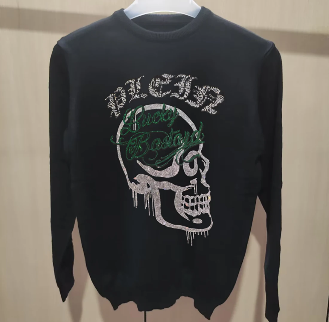 Men\'s Street Sweater Trendy Brand Rhinestone Skull Plein Pullover Tops Round Neck Plus Size Black Hip-Hop Streetwear Man Clothes