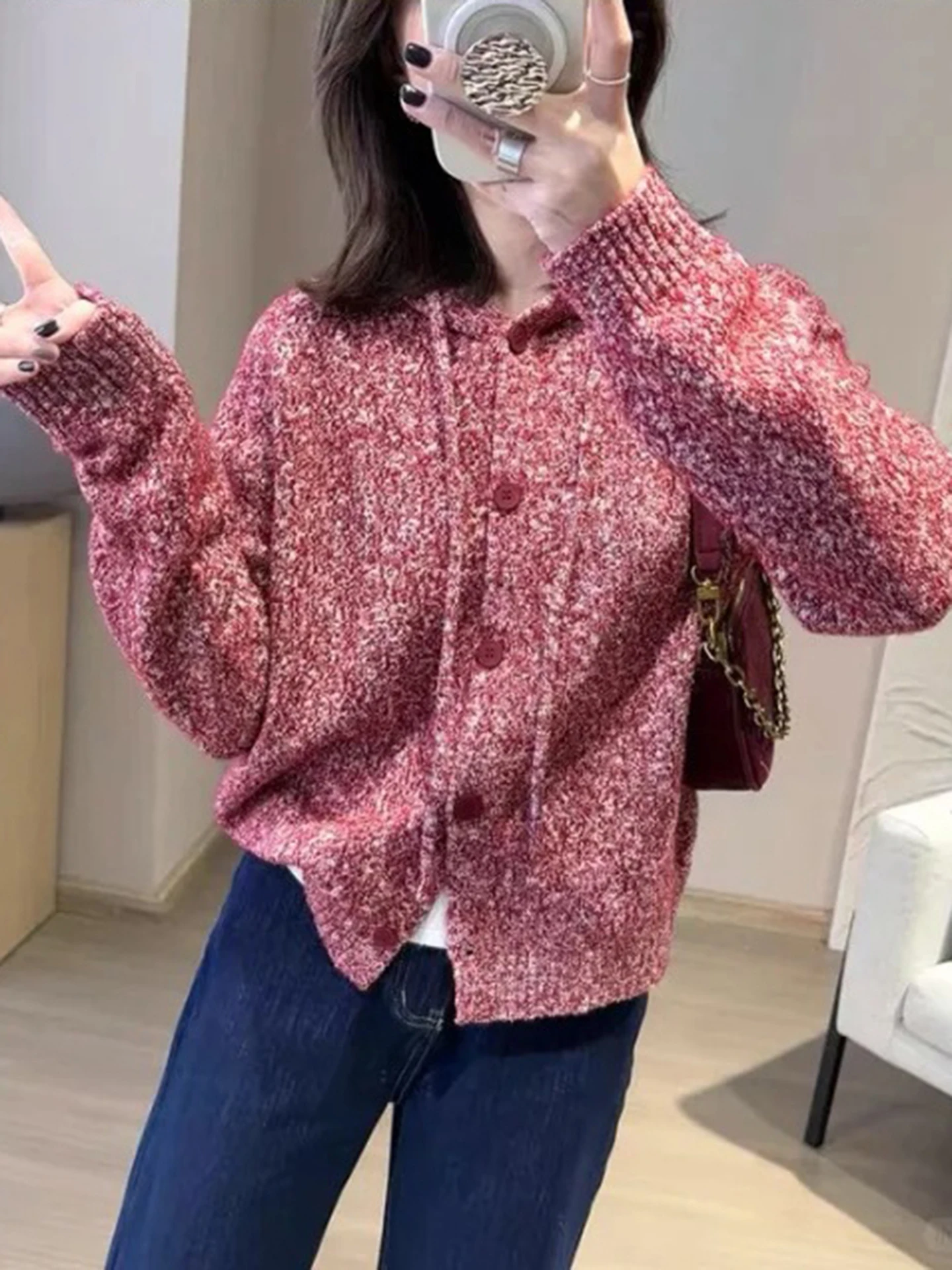 

Women 100% Merino Wool Cardigan Solid Color O-Neck Hooded Knit Cable Autumn Winter Clothing Single-breasted Warm Comfortable Top