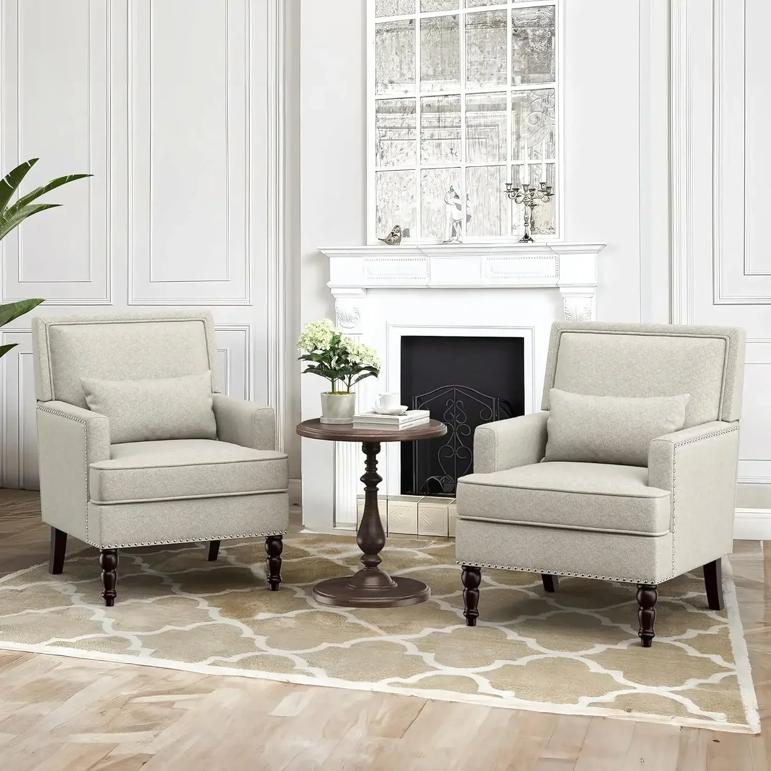 

Linen Accent Chair Set of 2, Comfy Upholstered Living Room Chairs,Mid Century Arm Chairs with Rivet Design,Living Room Armchair