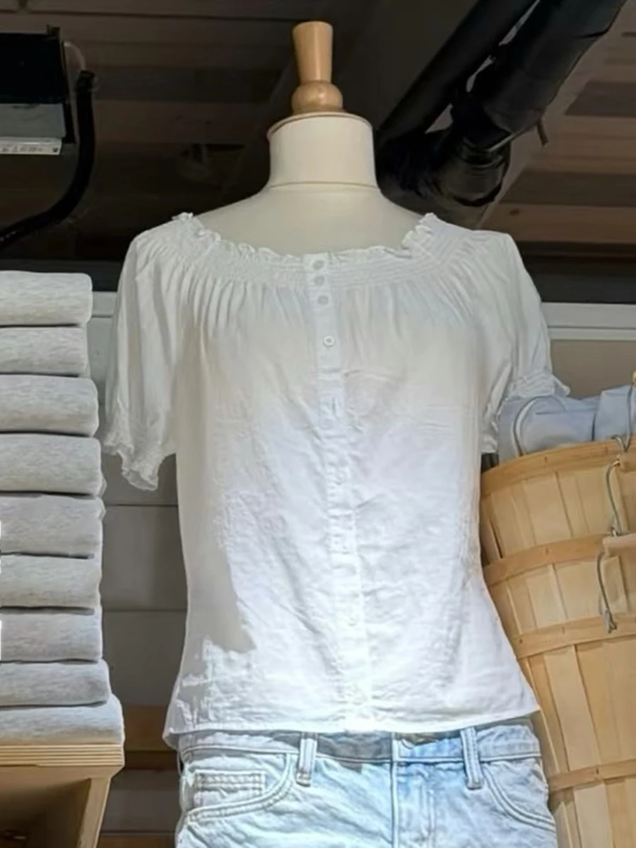 

White Fungus Off Shoulder T-shirt Blouse Women Summer Single Breasted Puff Sleeve Tee Shirts Sweet Simple Casual Thin T-shirts