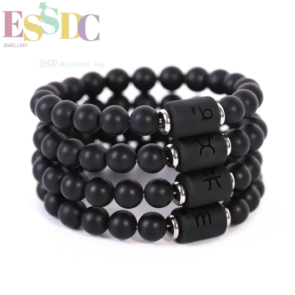 Wholesale New Product Black Stone Carved Twelve Constellation Bracelet Couple Bracelet Gift Fashion For Men Or Women Jewelry