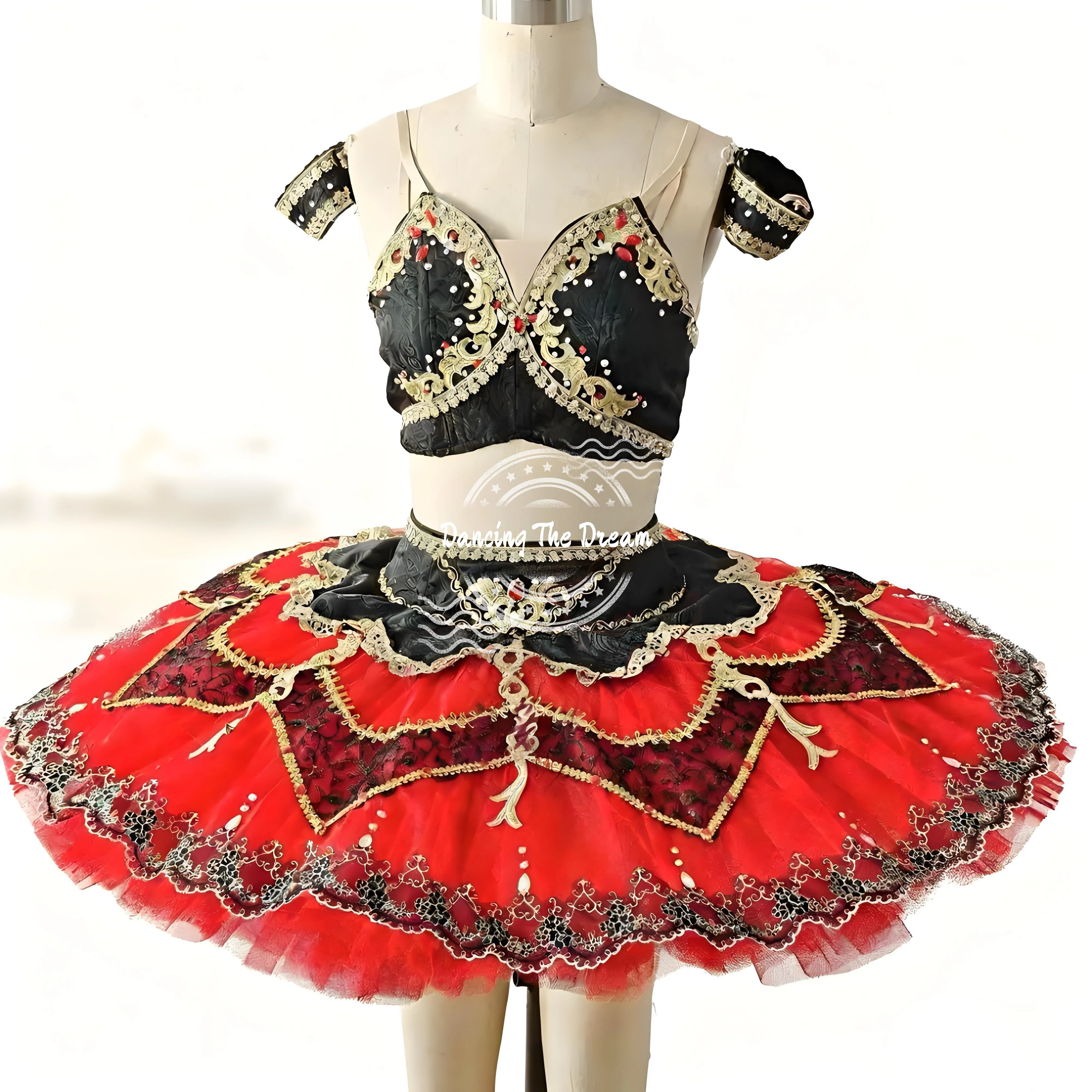Costume da spettacolo decorato con abito tutù da balletto rosso e nero da donna