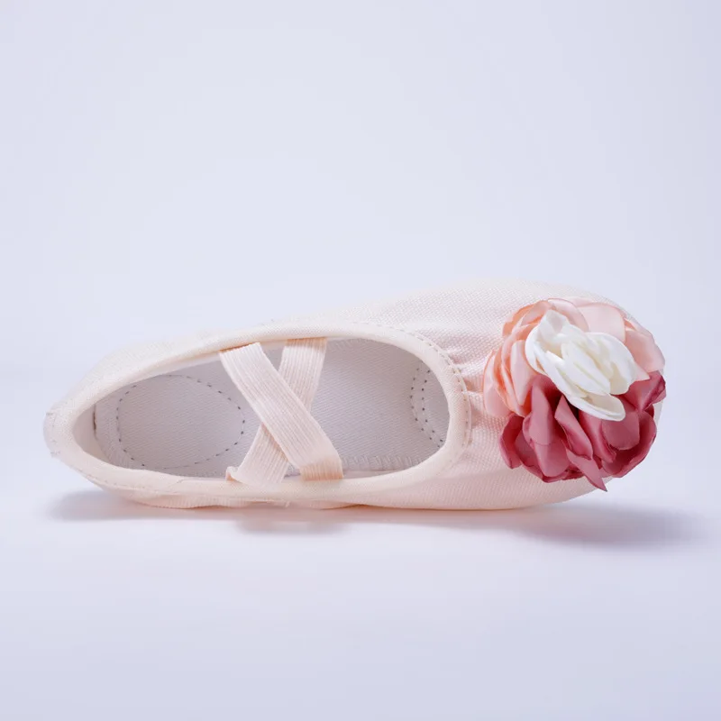 Baletki z płótna z dużą różą, miękka podeszwa, lekkie, klasyczne buty do tańca, kształt kociego pazura, baletki dla dziewcząt, baleriny.