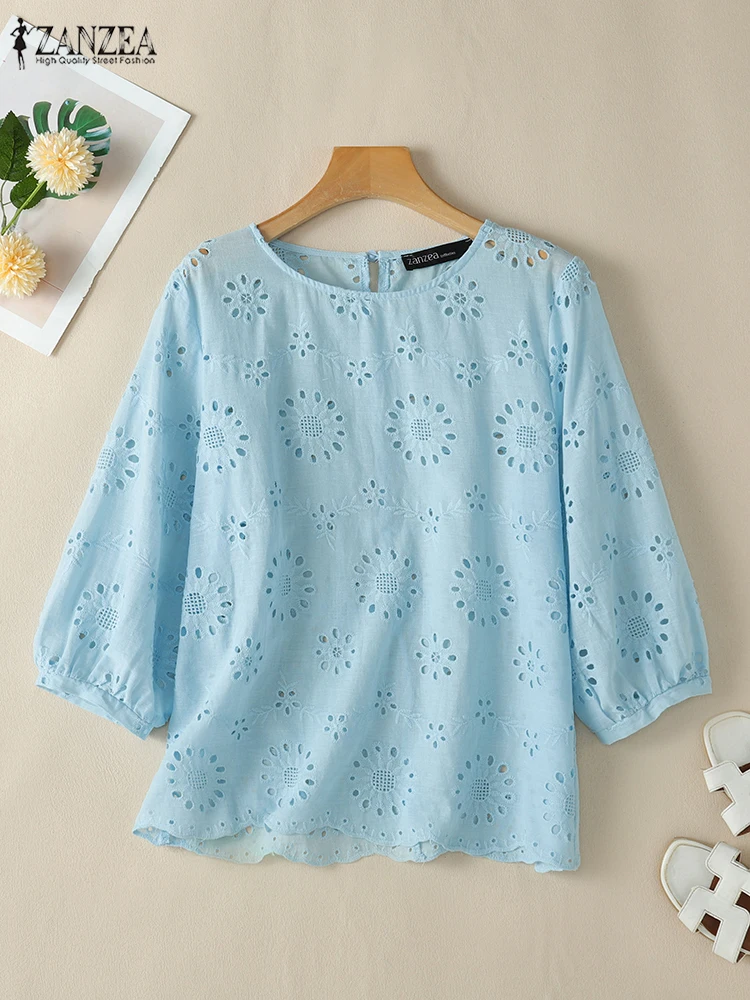 ZANZEA Women Scalloped Hem Blouses Openwork Embroidered 2025 Summer Solid O Neck Smock Tops Trendy 3/4 Puff Sleeve Blusas Mujer