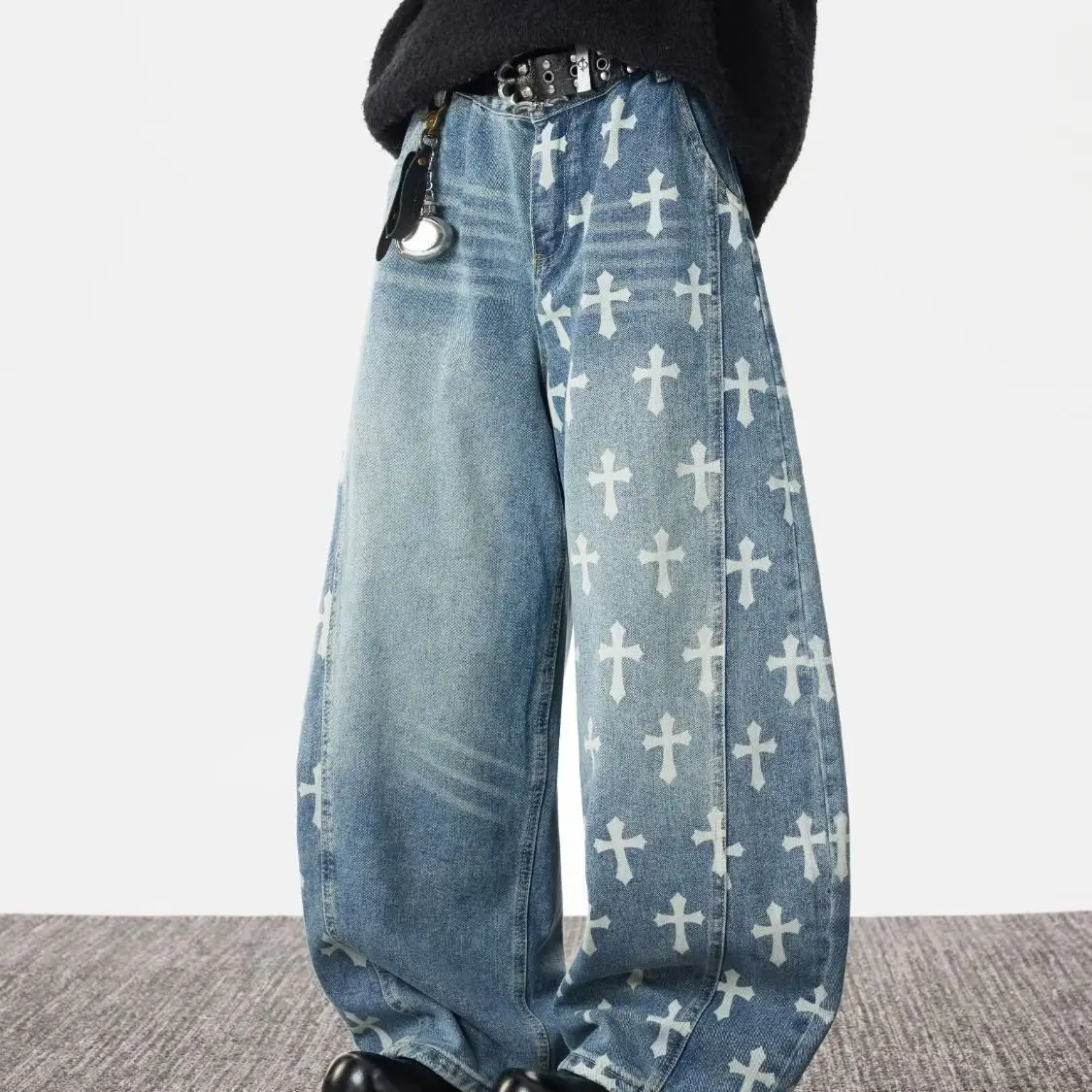 Washed Jeans Men and Women Street Loose Wide-leg Casual Scimitar Long Pants Men