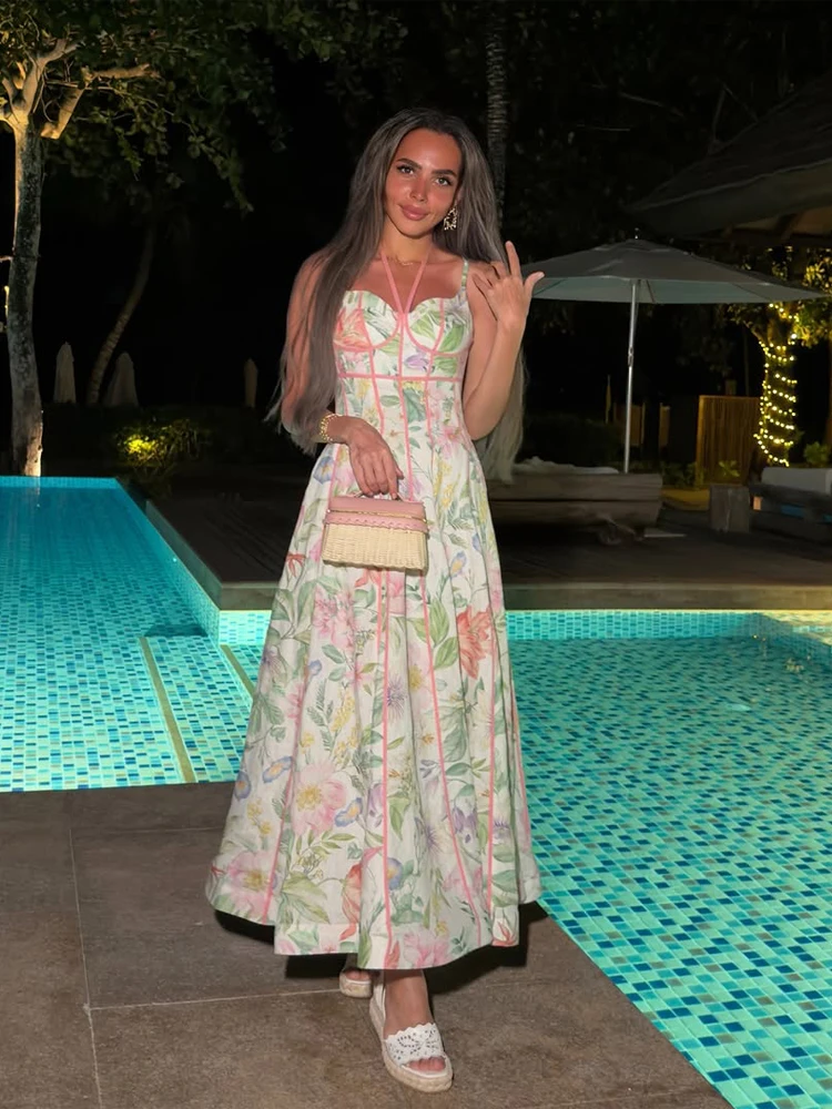 Women's Floral Print Corset Style Maxi Dress Spaghetti Strap Square Neck Flowy Chiffondresses Summer New Party Wedding Guest