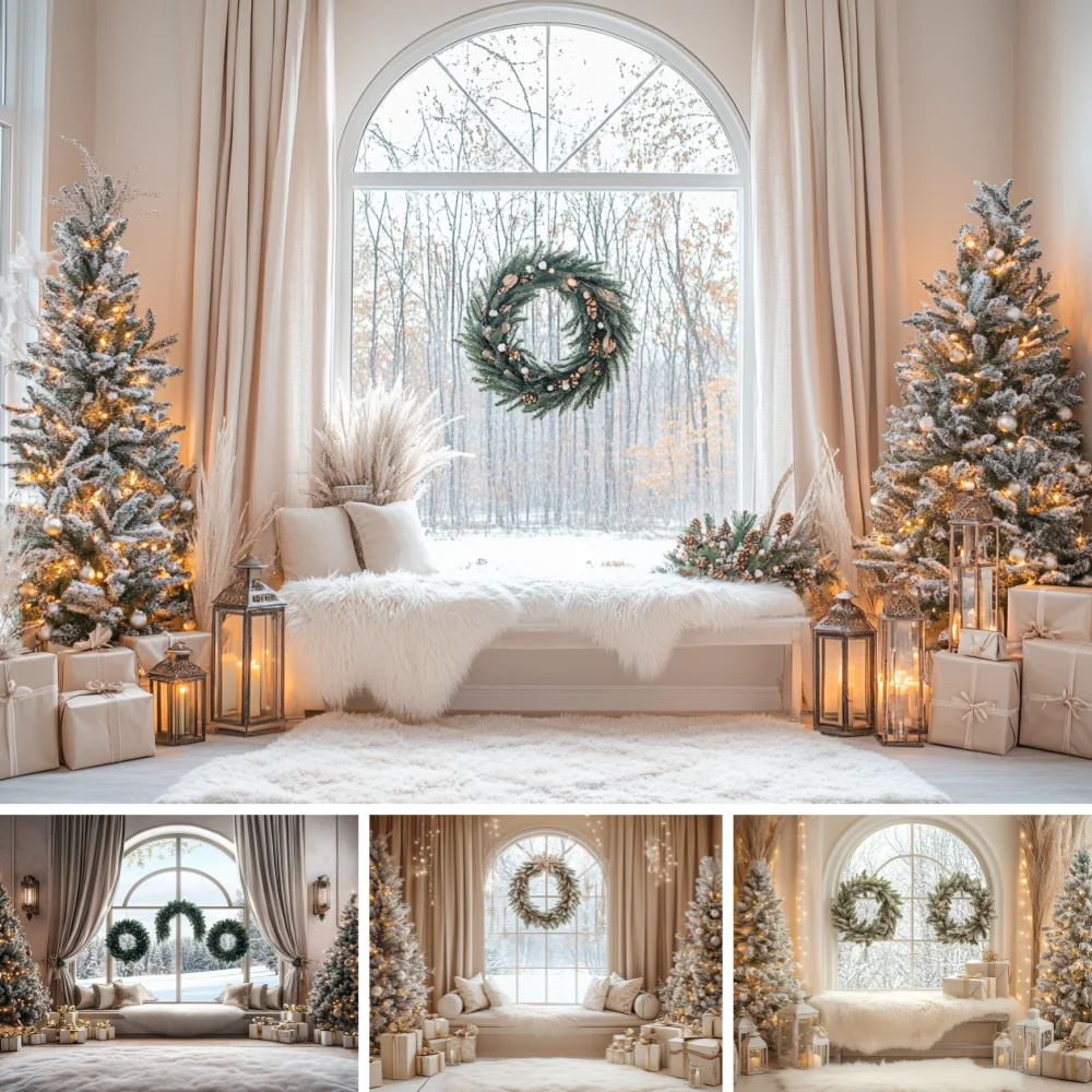 Christmas White Window Backgrounds for Photography Winter Xmas Trees Gifts Kids Family Xmas Party Indoor Decor Photo Backdrop