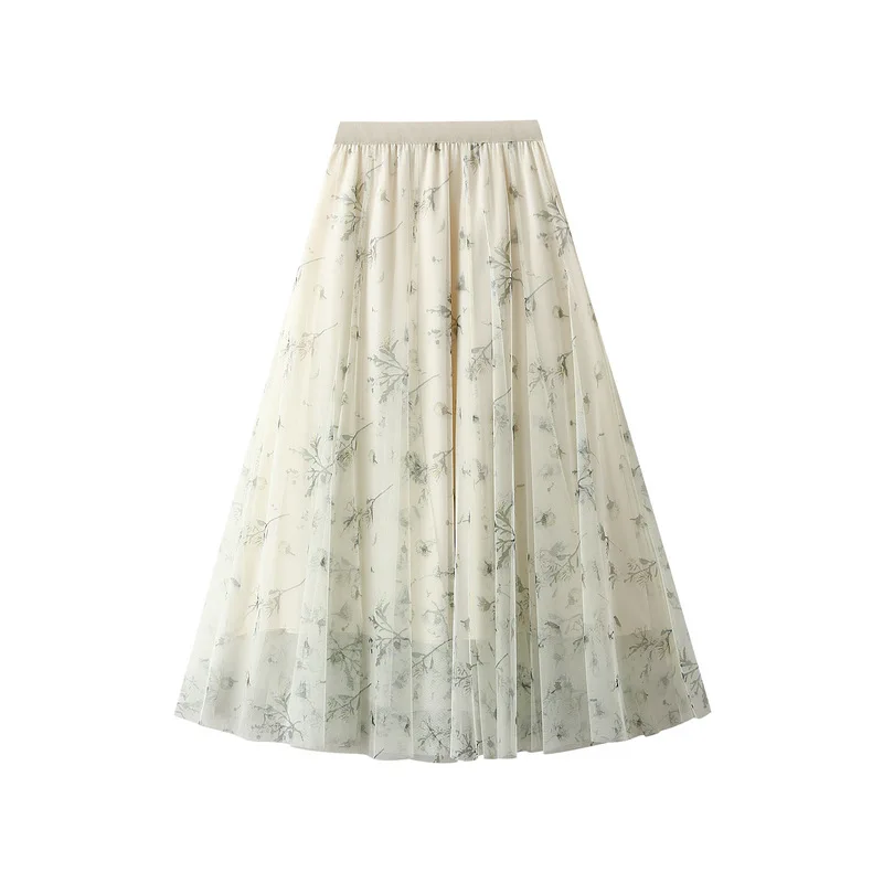 

Women's Small Fresh Mesh Floral Skirt, Korean Style, Large Hem, A-line, Long Skirt, Spring Wear,Medium length dress, mini skirt