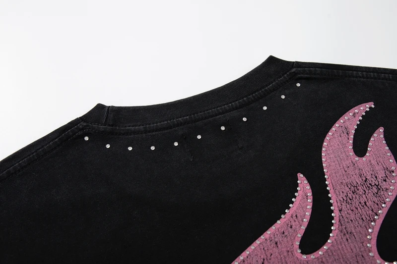 Hip-Hop Streetwear Lustiges Skelett-Grafik-T-Shirt für Männer Vintage Schwarz Gewaschenes Strass-Tee Übergroßes Baumwoll-Shirt im Used-Look – Detail 6
