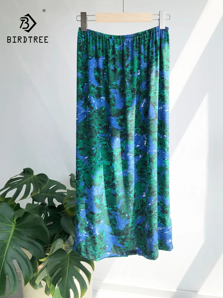 

BirdTree-Women 17MM 100% Silk Elegant Skirt, Elastic Waist Print, Romantic French Retro Party Skirt, 2025 Summer New B57930CC