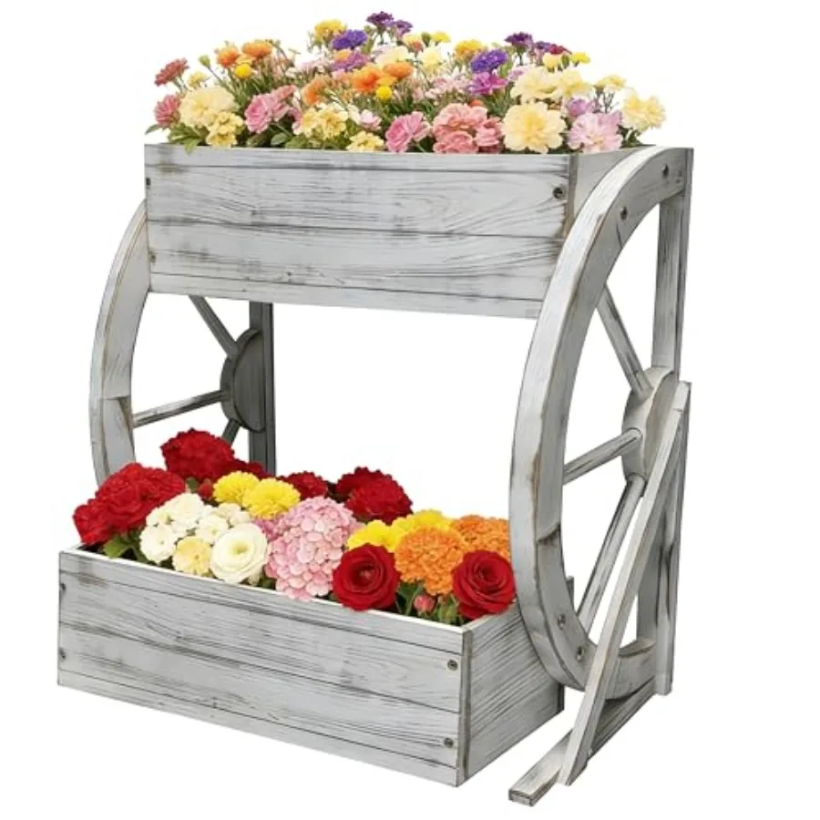 

2 Tier Medium Wooden Wagon Planter Box Outdoor Planter/Flower Pot for IndoorandOutdoor Plants-Rustic Garden Planter for Patio,