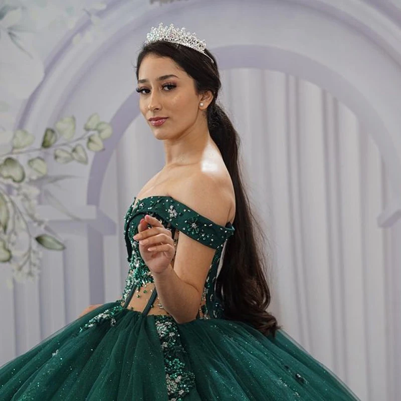 Angelsbridep Luxe Groene Quinceanera Jurken Glinsterende Vestidos De 15 Años Bloemenkralen Kant Formele Feest Prom Baljurk