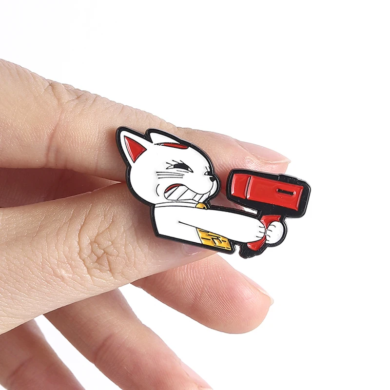 Anime Turbo Granny Cat Enamel Pin Fierce Cat Holding A Red Hair Dryer Lucky Cat Middle Finger Brooches Lapel Badge Jewelry Gift