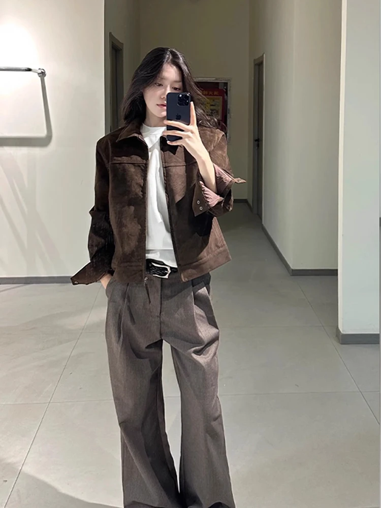 Barn Sle Suede ort Workwear Jaet ex Stand Collar Retro American Baseball Coat Zipper Closure Loose Fit Outerwear view 5