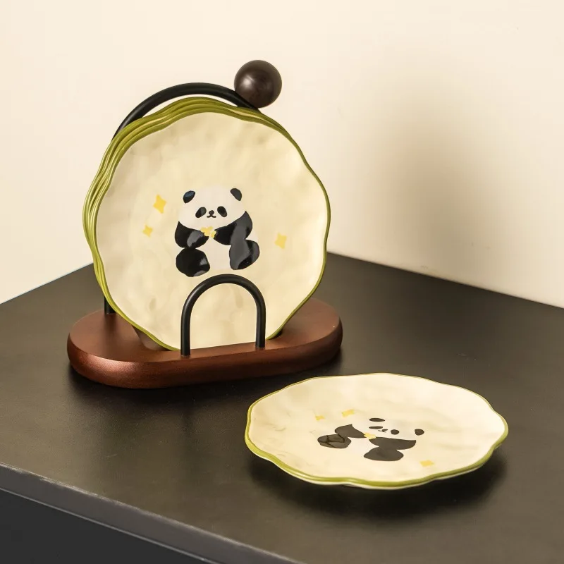 

High Beauty Panda Ceramic Disc Set Home Bone Spitting Disc with Storage Rack Milk Oil Style Housewarming Gift
