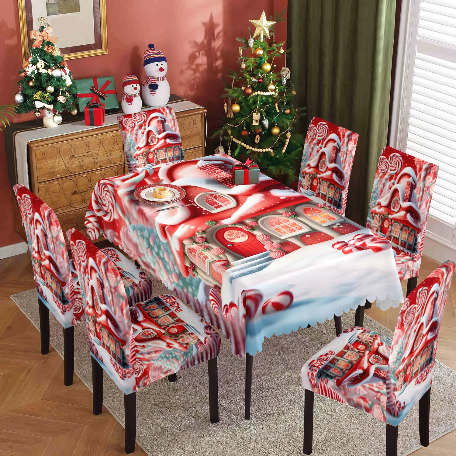 

5/7pcs Christmas decoration table and chair set. Cute candy house print stretch chair cover and tablecloth set. Washable.