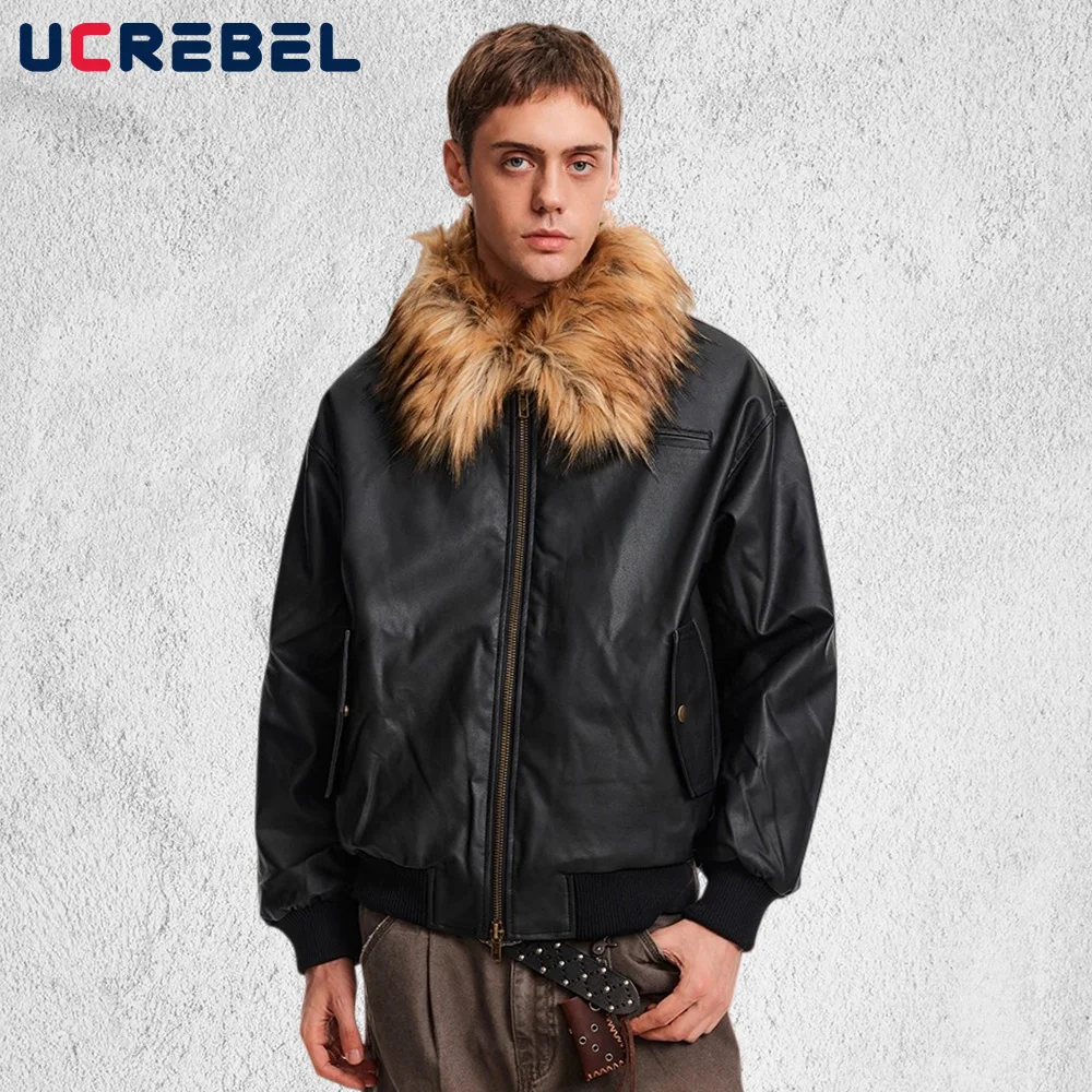 

Ретро стеганая куртка из искусственной кожи с меховым воротником, мужская уличная зимняя стеганая куртка с толстым воротником, съемная свободная стеганая куртка с длинными рукавами