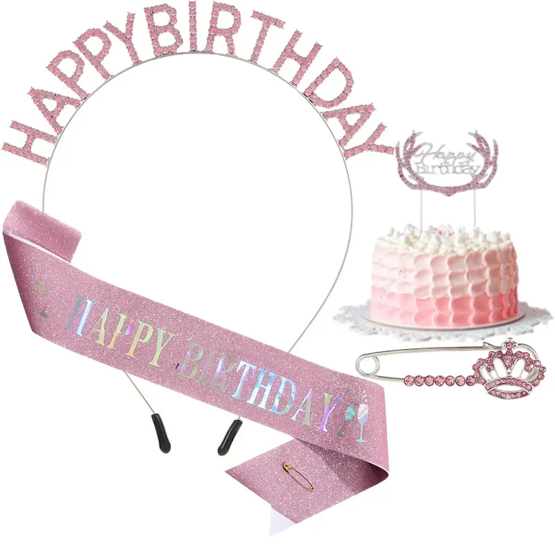 Pink Theme Birthday Crown Headband Shoulder Strap Birthday Strips Four-piece Set Party Headdress Girl Birthday Gift Hoops Diadem