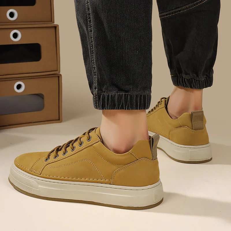 Men Outdoor Thick-Sole Lift Sneakers Spring/Autumn Cowhide Casual Shoes Hidden 4cm Height Increase Anti-Slip Durable Sports